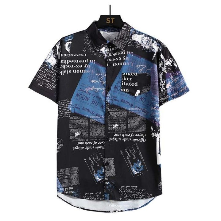 Newspaper%20Print%20Shirt%20and%20Shorts%20Set%20Men's%20Summer%20Beach%20Travel%20Thin%20Short%20Sleeve%20Loose%20Large%20Size%20Casual%20Suit%20-%20Image%206