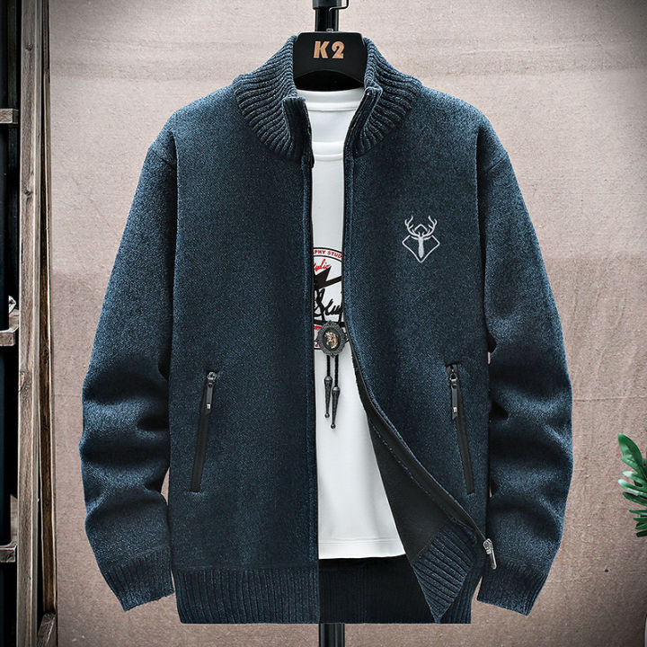 New Men's Fleece Cardigan Sweater Embroidery Casual Knit Sweater Jacket High Quality Male Autumn Winter Clothing