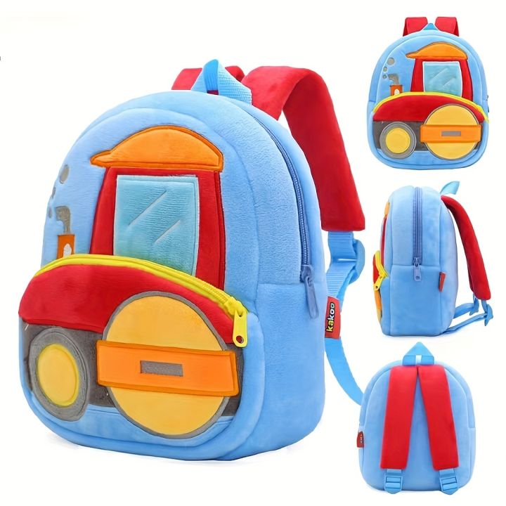 Cartoon Plush Kid Backpack Engineering Vehicles Kindergarten Schoolbag Baby Toddler Backpack 3D Excavator Tractor Backpack