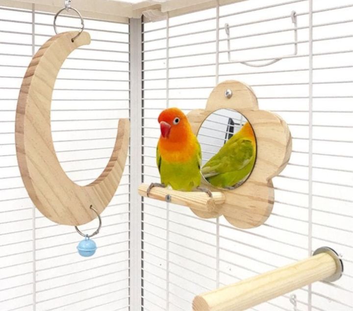 Wooden Bird Cage Accessories Set – Perch, Mirror & Hanging Toy for ...