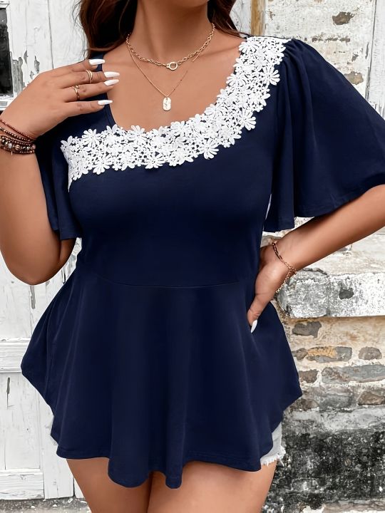 Plus%20Size%20Summer%20European%20and%20American%20Style%20Shirt%20for%20Women%20Casual%20Cute%20Solid%20Ruffle%20Neck%20Curve%20Clothing%20Tops%20-%20Image%205