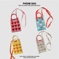 Korean Fashion Heart Knitted Mini Square Handbag for Women Small Mobile Phone Shoulder Bags Girls Cute Outdoor Crossbody Bags. 
