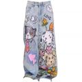Doodle-printed Jeans American Casual Style Vintage Straight-cut Loose-fitting High-street Wide-leg Pants Y2k Baggy Jeans Ladies.