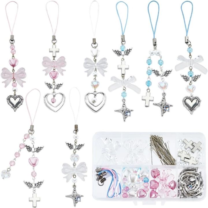 154Pcs DIY 8 Sets Phone Charm Making Kit Cute Bowknot Bow Knot Wing Heart Beads Phone Charms Phone Keychain Charm Cell Phone kit