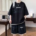 Men's fashion personality letter printed short sleeved shorts two-piece set outdoor sports breathable T-shirt set. 