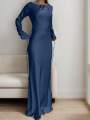 Women's Bespoke Satin Maxi Dress with Corset Waist Tie Classic Round Neck & Dramatic Flared Sleeves Luxury Evening Dress.