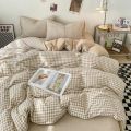 Japanese Style Check Queen Duvet Cover Set 1/3 Pcs Soft Washed Quilt Cover and Pillowcase or Only Quilt Covers Blanket Cover Set.