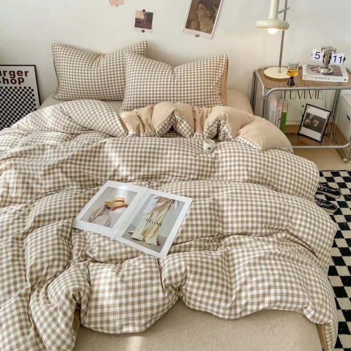 Japanese Style Check Queen Duvet Cover Set 1/3 Pcs Soft Washed Quilt Cover and Pillowcase or Only Quilt Covers Blanket Cover Set