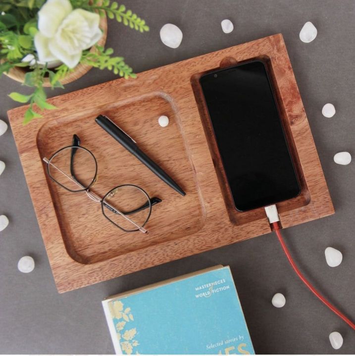 Wood Valet Tray & Phone Tray with Charging Station