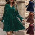 Women Elegant Velvet Dress Long Sleeve Solid Loose High Waist V-Neck Midi Dresses Evening Party Chic Lady Robe Christmas Clothes. 