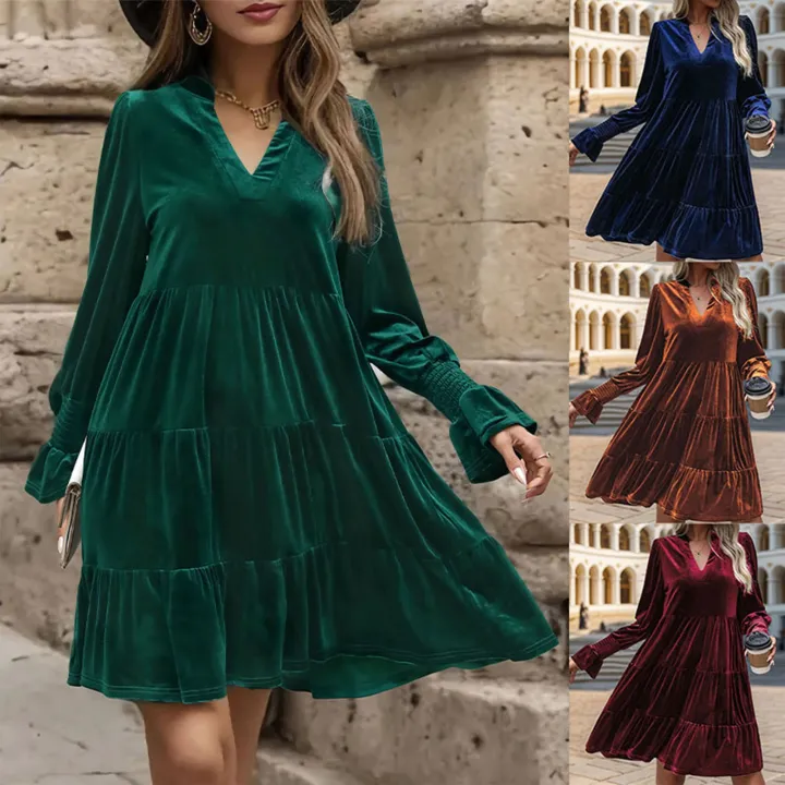 Women%20Elegant%20Velvet%20Dress%20Long%20Sleeve%20Solid%20Loose%20High%20Waist%20V-Neck%20Midi%20Dresses%20Evening%20Party%20Chic%20Lady%20Robe%20Christmas%20Clothes%20-%20Image%202
