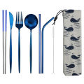 8pcs Dinneware Set Portable Travel Blue Cutlery Set Stainless Steel Knife Fork Spoon Chopsticks Straw Silverware with Pouch.