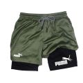 Summer Breathable 2-in-1 Double-layer Shorts for Men's Elastic Compression Shorts Quick-drying Phone Pocket Towel Loop Shorts.