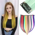 22 Inch Colored Highlight Synthetic Hair Extensions Rainbow Long Straight Hairpieces for Women Kids Girls Purple Pink Blue. 