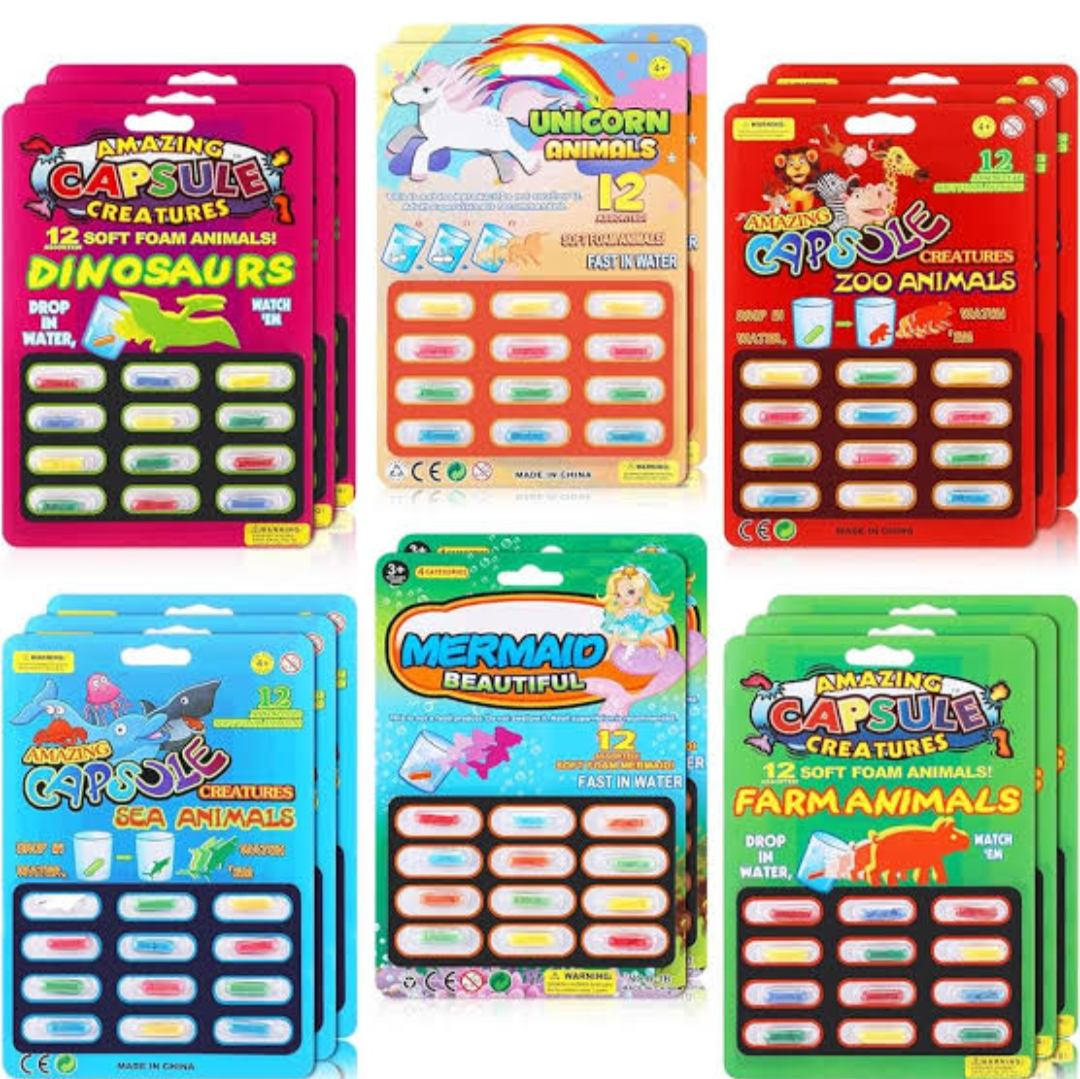 Grow Capsules pack of 12Capsules Assorted Water Growing Animals Capsules Water Growing Toys Dinosaur Sea Wild Farm Mermaid Unicorn Creature Capsules Christmas Party Cognition Gift Toys magic game. 