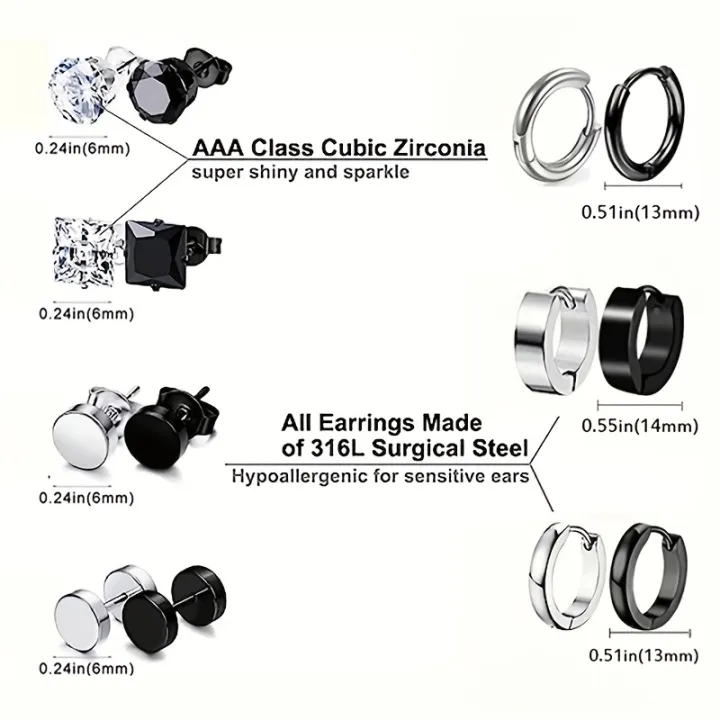 4-14%20Pairs%20Earrings%20For%20Men,%20Black%20Earrings%20Mens%20Earrings,%20Stainless%20Steel%20Stud%20Earrings%20For%20Women%20Huggie%20Hoop%20Earrings%20Set%20-%20Image%202