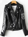 Fitaylor Autumn Winter Women Graffiti Print Faux Leather Jacket Lady Moto Bike PU Leather Coat Casual Rivet Jacket with Belt.