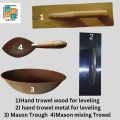 Tools for mason ۔ Mortor Mixing trough (تغاری ), hand trowel (wooden) for plaster leveling (لکڑی کا گرمالا), hand trowel (metal) for plaster leveling (لوہے کا گرمالا), cement & mortor mixing trowel (کرنی). 