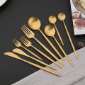 6Pcs Dinnerware Set Matte Gold Knife Fork Dessert Spoon Tableware Cutlery Set Stainless Steel Flatware Kitchen Dinner Set. 