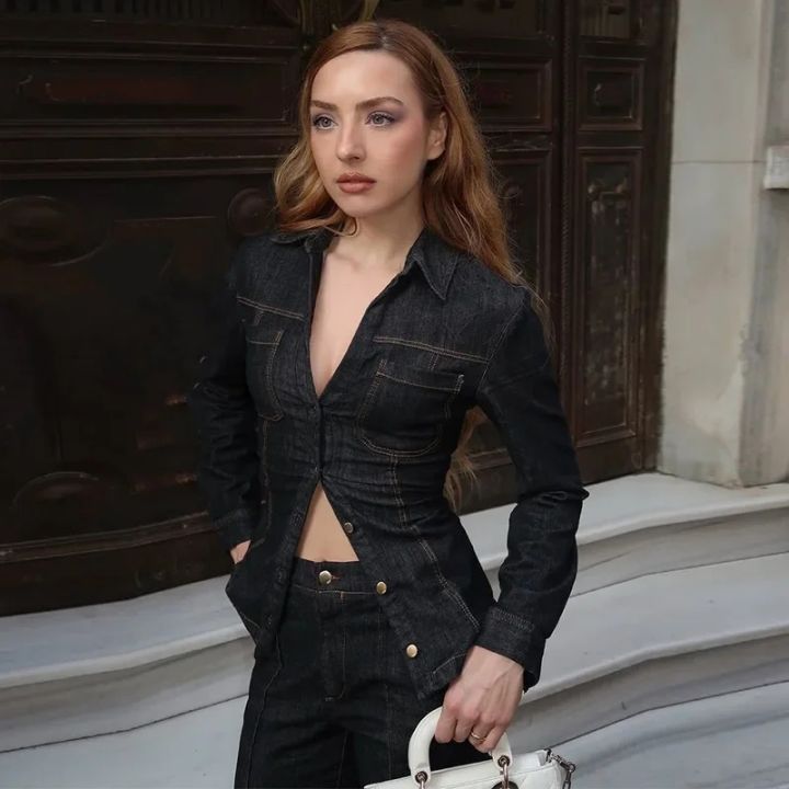 MUJER%202025%20Denim%20Women's%20Pants%20Sets%20Button%20up%20Shirt%20Two%20Piece%20Outfits%20Woman%20High%20Waist%20Women's%20Trousers%20Suits%20Spring%20Lady%20Sets%20-%20Image%205