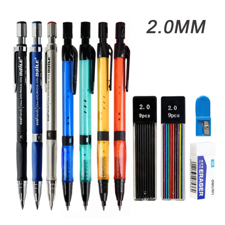 Mechanical Pencil Set 2.0mm with 2B Black/Colors Lead Refill for