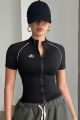 Ladies' fashionable sports style slim fit zipper short sleeved top. 