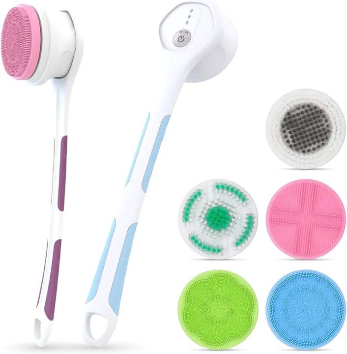 Imported Brand Electric Body Brush Electric Massaging Bath Silicon Body Scrubber Waterproof Exfoliating Brush Shower 5 Heads Skin Scrubber With Long Handle For Men/Women 3 Mode Battery Cleansing 1PC Random Color