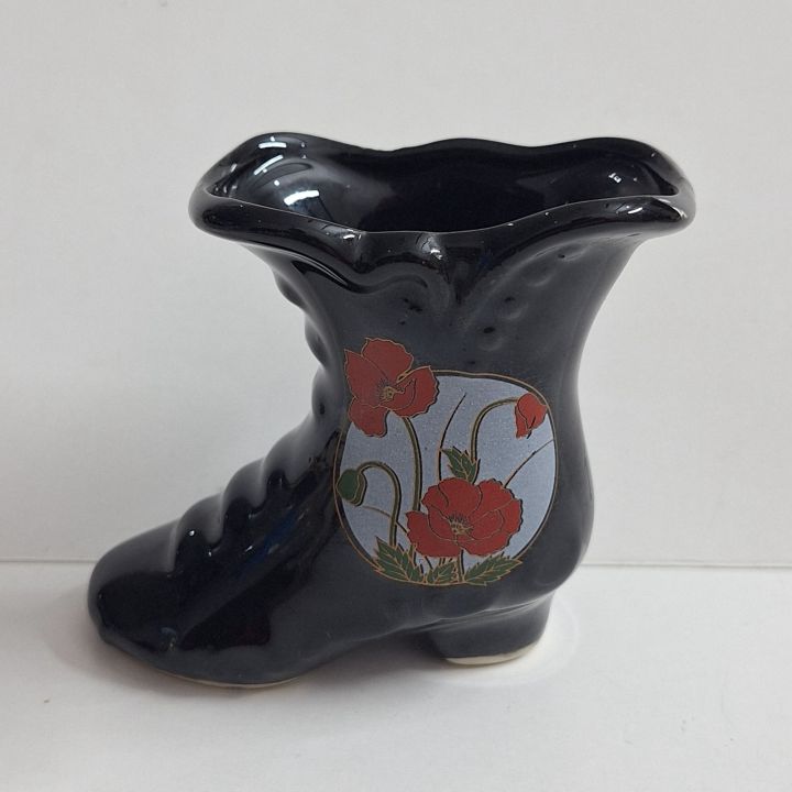 Porcelain Shoe Miniature Black  with red Flowers Boot for home decoration / shoes for home decor