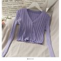 Women Acrylic Long Sleeve V-Neck Buttons Up Cardigan Shirt Slim Cropped Ribbed Knit Thin Solid Stretch Top Knitwear. 