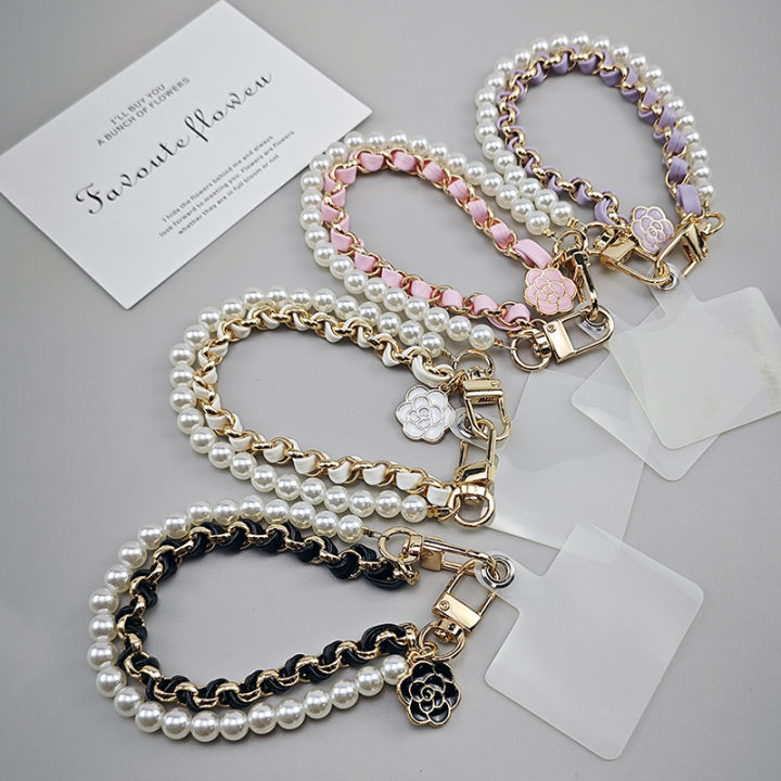 Camellia Pearl Mobile Phone Charm keychain Chain Girl Woman Cell Phone Case Fashion Pendant Key Strap Rope With Universal Clip
