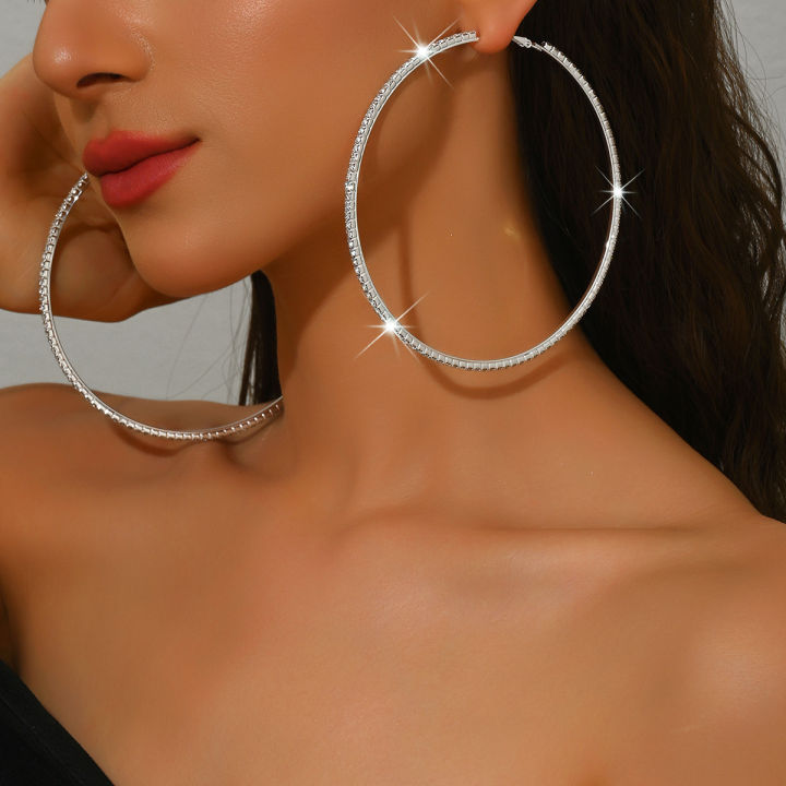 Shine Rhinestone 2cm,4cm,6cm,8cm,10cm Hoop Earrings Women Earrings Perfect for Weddings & Festive Occasions,All-Season Jewelry