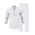 Linen Autumn New Men's Suit Beach Style Loose Casual Breathable V-Long Sleeve Henley Shirt with Straight-Leg Pants 2 Set. 
