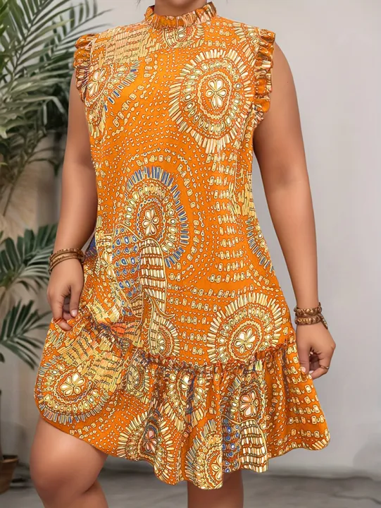Plus%20Size%202025%20Summer%20New%20Women's%20Elegant%20Slim%20Fit%20Short%20Sleeve%20Dress%20-%20Black%20Gold%20and%20Red%20Paisley%20Print%20Ruched%20Hem%20Round%20Neck%20-%20Image%202