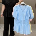 200 Pounds Plus Size Elastic Waist Summer Shirt And Blouse Solid Top Women's New In Clothes Simple V-neck French.