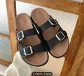Women’s Slip-On Sandals – Double Buckle, Cushioned Sole, Casual Summer Footwear (Black, White, Brown). 