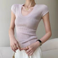 2026 Basic U-neck Solid Thin Summer Pullover Women Female Knitted Ribbed Sweater Slim Short Sleeve Bodycon T-Shirt. 