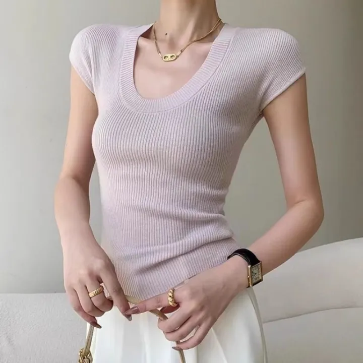 2026%20Basic%20U-neck%20Solid%20Thin%20Summer%20Pullover%20Women%20Female%20Knitted%20Ribbed%20Sweater%20Slim%20Short%20Sleeve%20Bodycon%20T-Shirt%20-%20Image%205