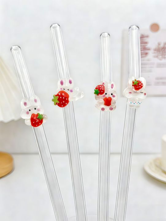 1/5pcs Strawberry Rabbit Decorated Glass Straw, Perfect for Drinks, Bendy Straw, Back-To-School , Christmas Present