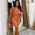 Doyerl PU Faux Leather 2 Pieces Set for Woman Motorcycle Long Sleeve Zip Hooded Cropped Jacket and Shorts Matching Sets Outfits.