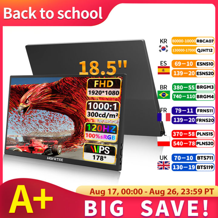 HGFRTEE 18.5inch Portable Monitor 120Hz RGB100% With VESA Hole & Back bracket Laptop Extended Display ADS-IPS HDR Screen