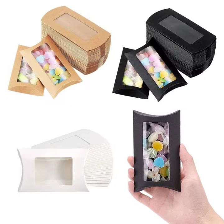 50PCS Pillow Shape Candy Box with Window Wedding Christmas Kraft Paper ...