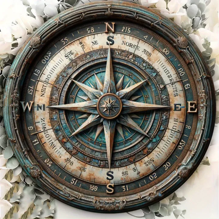 Compass Cafe Sign 2D Flat Vintage Compass Round Wooden Sign, Nautical Theme Wall Art ...