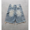 Summer men's loose straight denim shorts with high street splatter ink and raw hem breathable and stylish for daily outdoor wear. 