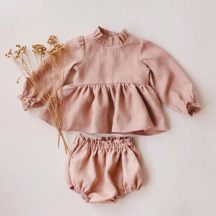 2Pcs Baby Girl Clothing Sets Spring Summer Linen Cotton Infant Baby Girl Outfits Blouse + Bottom Shorts