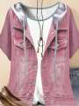 Plus size women's imitation denim casual short sleeved round neck top Western style denim style T-shirt versatile comfortable. 