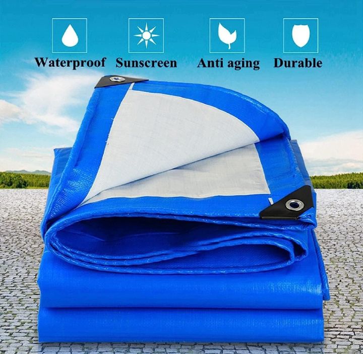 BLUE WHITE PLASTIC TARPAL | 100% WATERPROOF, Rings at 3ft INTERVALS, UV ...