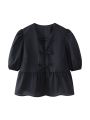 Women Sweet Pleats Puff Sleeve Bow Tied Lace Up Tierred Smock Blouse Office Lady Shirt Chic Chemise Blusas Tops LS5928. 