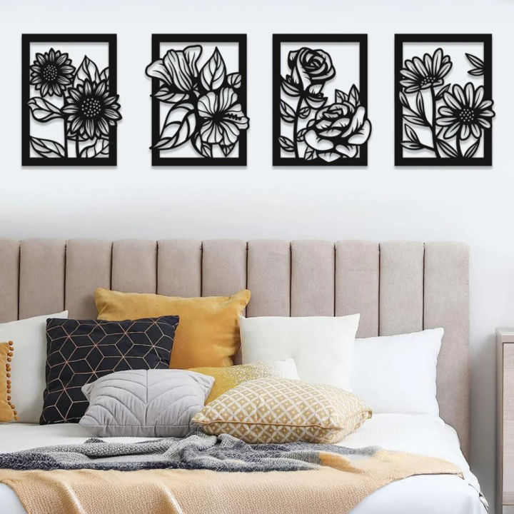 4-Piece Floral Wooden Wall Decor Set - Elegant Flower in Frame Art for Living Room, Bedroom & More
