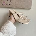 Yellow Green Summer Women Square Toe Sandals Ladies Snake Print Strappy Mules 6CM High Heels Slippers Female Fashion Woman Shoes. 