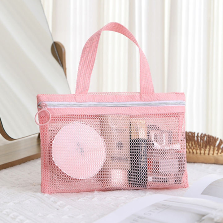 Pink Mesh Multi-Pocket Mini Makeup Bag Swimming Bag Portable Travel Storage Bag Portable Bath Bag Beach Bag One Pack
